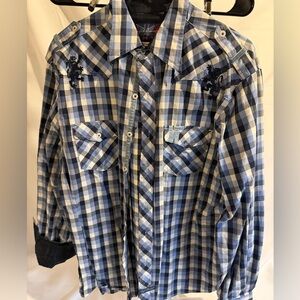 English Laundry Navy and White Plaid Shirt with Lion Embroidery